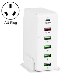 6 in 1 65W PD USB-C / Type-C + QC 3.0 USB + 4 USB Multi-port Travel Charger, AU Plug(White)