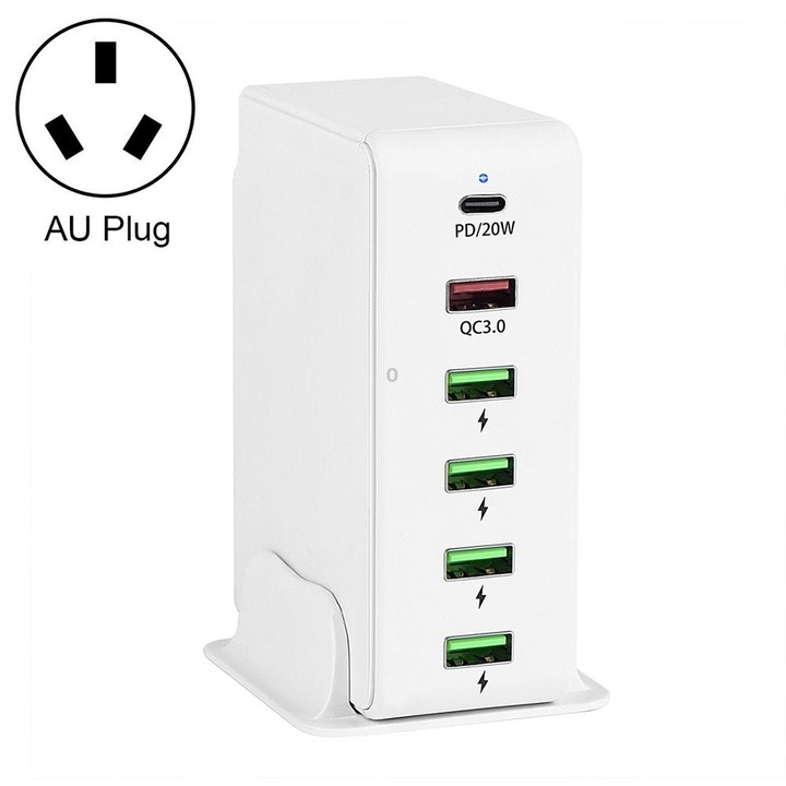 6 in 1 65W PD USB-C / Type-C + QC 3.0 USB + 4 USB Multi-port Travel Charger, AU Plug(White)