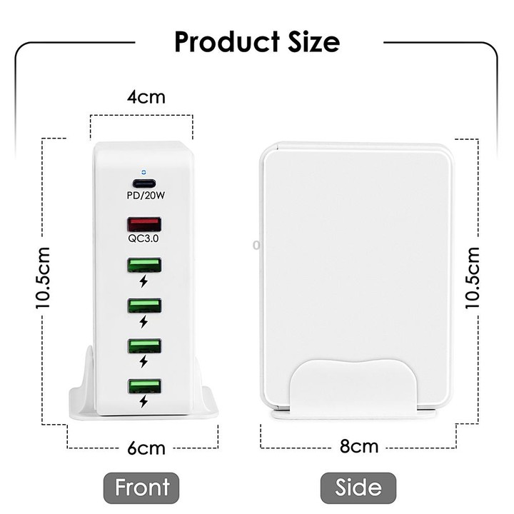 6 in 1 65W PD USB-C / Type-C + QC 3.0 USB + 4 USB Multi-port Travel Charger, AU Plug(White)