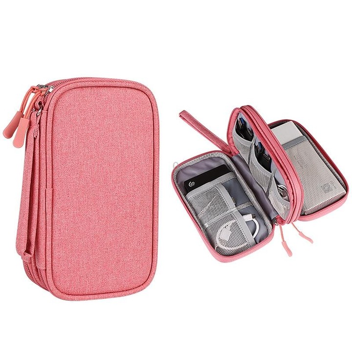 SM05 Double-layer Digital Accessory Storage Bag with Lanyard(Pink)