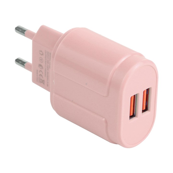 13-22 2.1A Dual USB Macarons Travel Charger, EU Plug(Pink)