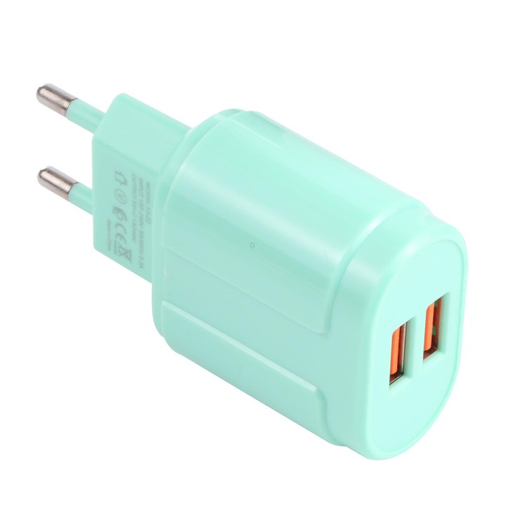 13-22 2.1A Dual USB Macarons Travel Charger, EU Plug(Green)