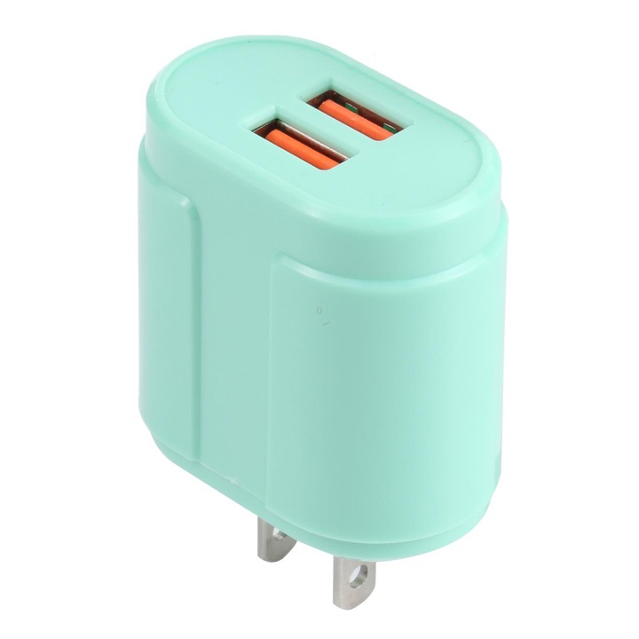 13-22 2.1A Dual USB Macarons Travel Charger, US Plug(Green)