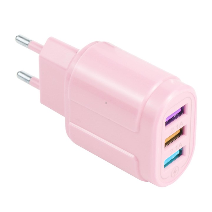 13-222 QC3.0 USB + 2.1A Dual USB Ports Macarons Travel Charger, EU Plug(Pink)