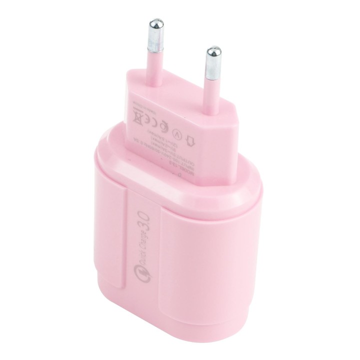 13-222 QC3.0 USB + 2.1A Dual USB Ports Macarons Travel Charger, EU Plug(Pink)