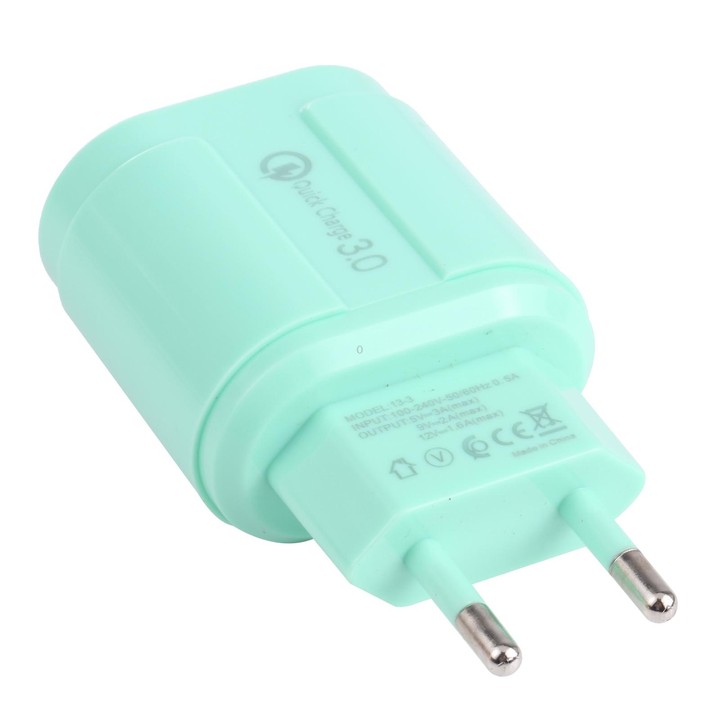 13-222 QC3.0 USB + 2.1A Dual USB Ports Macarons Travel Charger, EU Plug(Green)