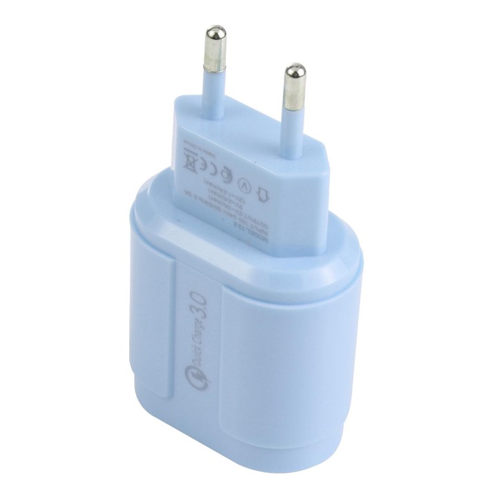 13-222 QC3.0 USB + 2.1A Dual USB Ports Macarons Travel Charger, EU Plug(Blue)