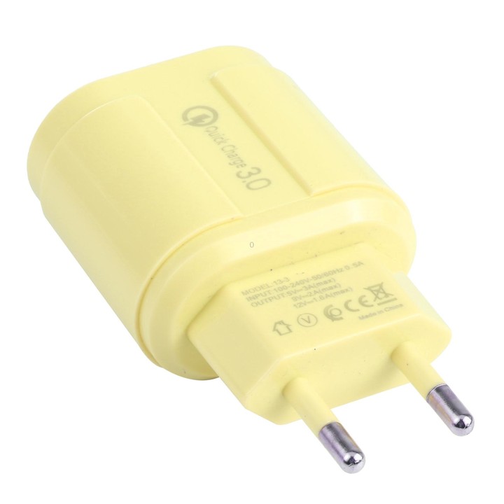 13-222 QC3.0 USB + 2.1A Dual USB Ports Macarons Travel Charger, EU Plug(Yellow)