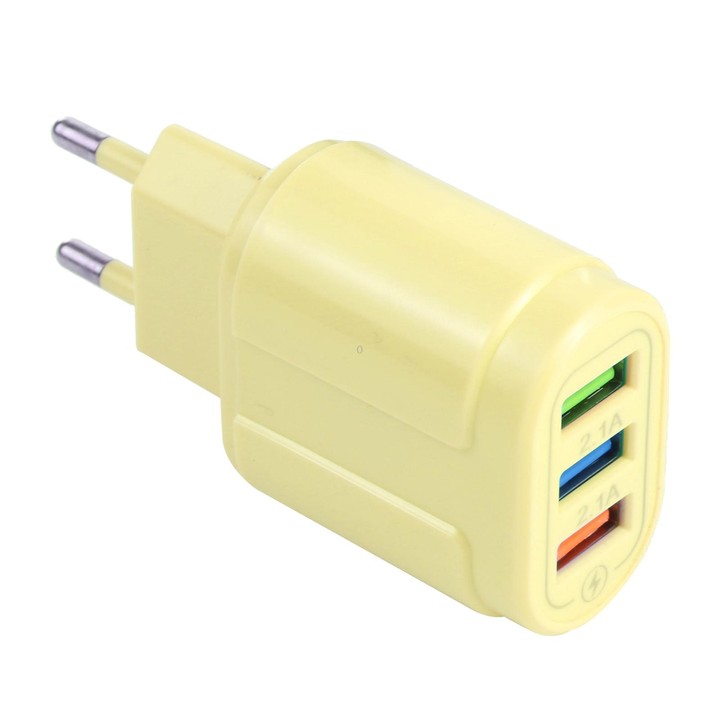 13-222 QC3.0 USB + 2.1A Dual USB Ports Macarons Travel Charger, EU Plug(Yellow)