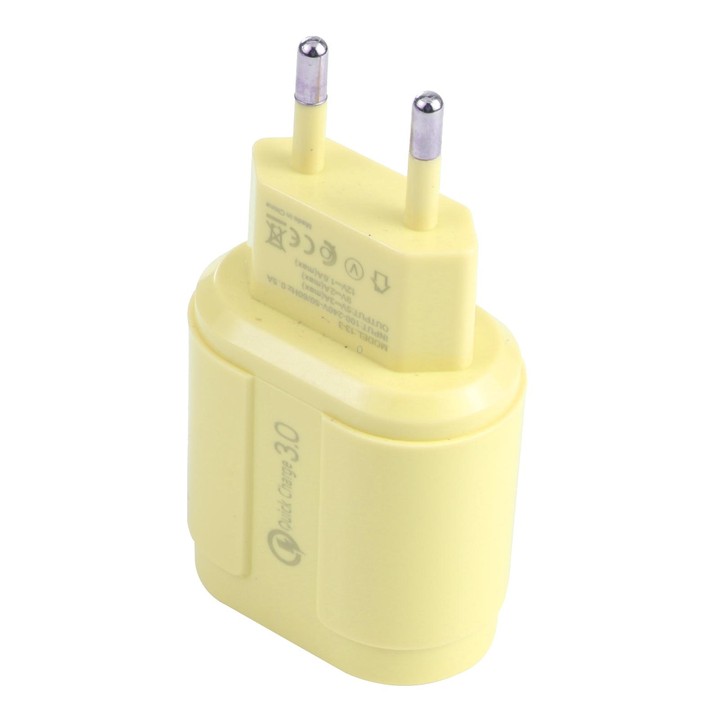 13-222 QC3.0 USB + 2.1A Dual USB Ports Macarons Travel Charger, EU Plug(Yellow)