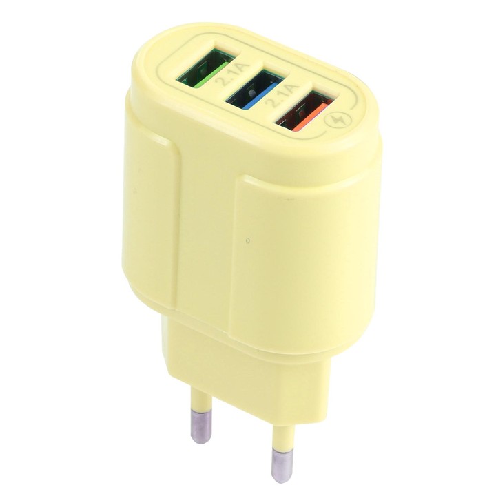 13-222 QC3.0 USB + 2.1A Dual USB Ports Macarons Travel Charger, EU Plug(Yellow)