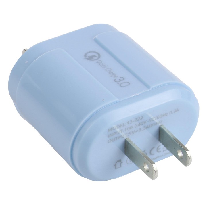 13-222 QC3.0 USB + 2.1A Dual USB Ports Macarons Travel Charger, US Plug(Blue)