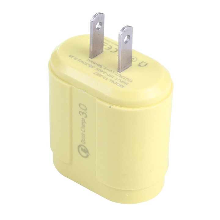 13-222 QC3.0 USB + 2.1A Dual USB Ports Macarons Travel Charger, US Plug(Yellow)