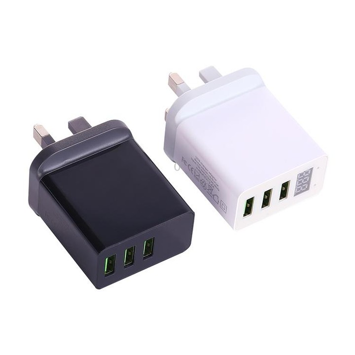 3 USB Ports LED Digital Display Travel Charger, UK Plug(White)