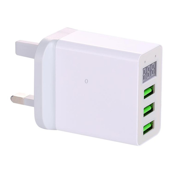 3 USB Ports LED Digital Display Travel Charger, UK Plug(White)