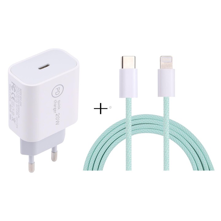 SDC-20W PD USB-C / Type-C Travel Charger + 1m 12W USB-C / Type-C to 8 Pin Data Cable Set, EU Plug(Green)