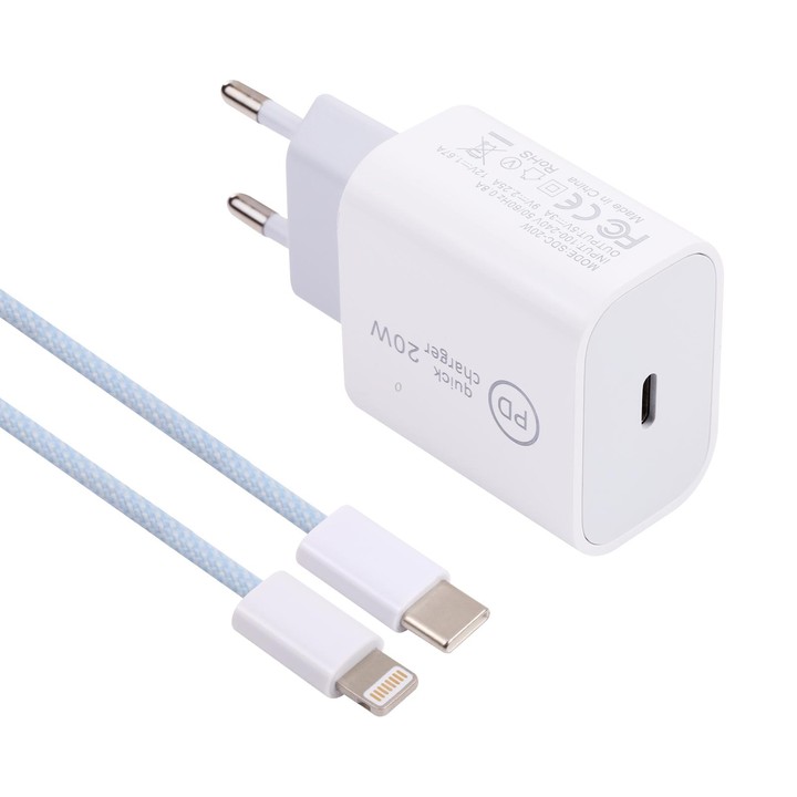 SDC-20W PD USB-C / Type-C Travel Charger + 1m 12W USB-C / Type-C to 8 Pin Data Cable Set, EU Plug(Blue)