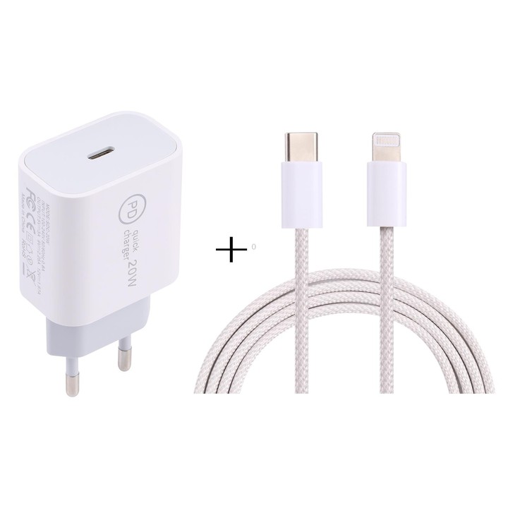 SDC-20W PD USB-C / Type-C Travel Charger + 1m 12W USB-C / Type-C to 8 Pin Data Cable Set, EU Plug(White)