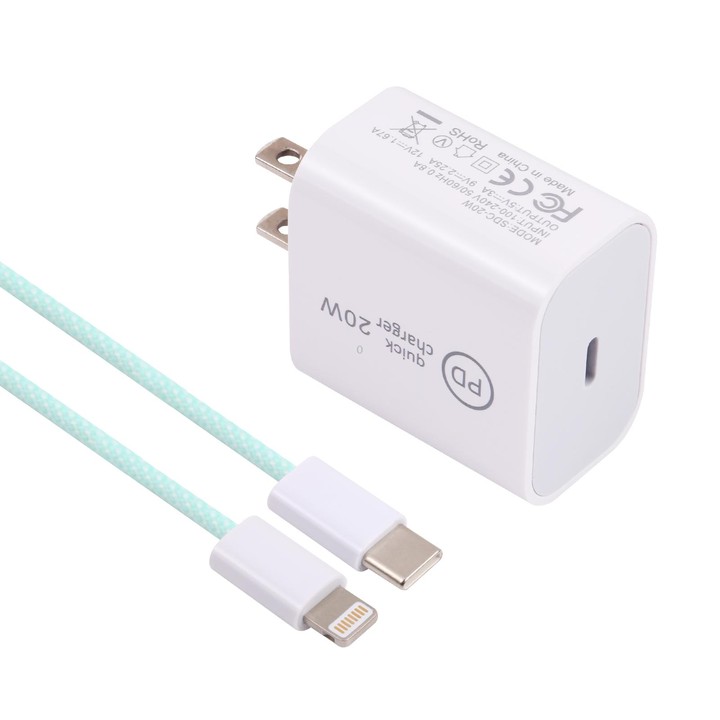 SDC-20W PD USB-C / Type-C Travel Charger + 1m 12W USB-C / Type-C to 8 Pin Data Cable Set, US Plug(Green)