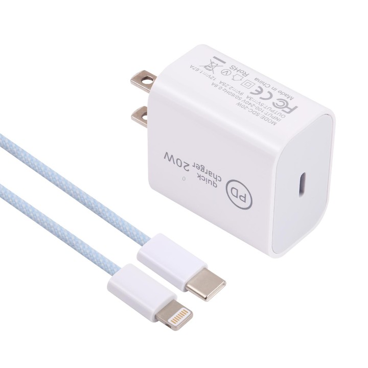 SDC-20W PD USB-C / Type-C Travel Charger + 1m 12W USB-C / Type-C to 8 Pin Data Cable Set, US Plug(Blue)