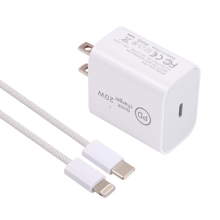 SDC-20W PD USB-C / Type-C Travel Charger + 1m 12W USB-C / Type-C to 8 Pin Data Cable Set, US Plug(White)