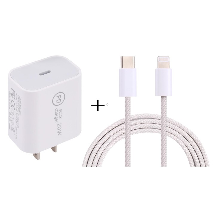 SDC-20W PD USB-C / Type-C Travel Charger + 1m 12W USB-C / Type-C to 8 Pin Data Cable Set, US Plug(White)