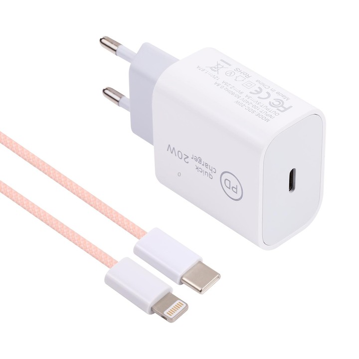 SDC-20W PD USB-C / Type-C Travel Charger + 1m 20W USB-C / Type-C to 8 Pin Data Cable Set, EU Plug(Pink)
