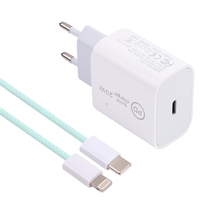 SDC-20W PD USB-C / Type-C Travel Charger + 1m 20W USB-C / Type-C to 8 Pin Data Cable Set, EU Plug(Green)