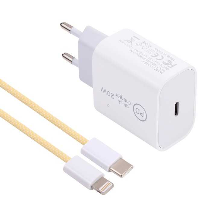 SDC-20W PD USB-C / Type-C Travel Charger + 1m 20W USB-C / Type-C to 8 Pin Data Cable Set, EU Plug(Yellow)