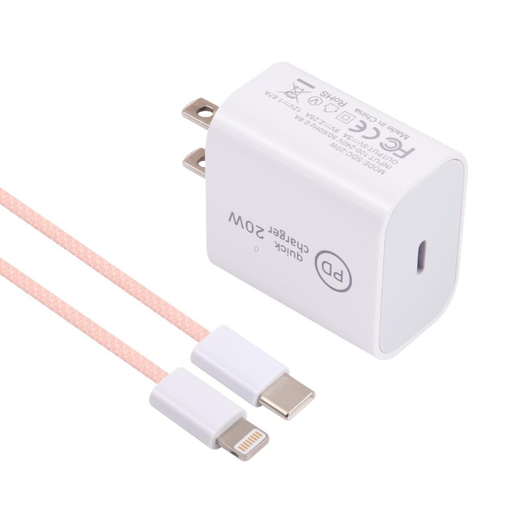 SDC-20W PD USB-C / Type-C Travel Charger + 1m 20W USB-C / Type-C to 8 Pin Data Cable Set, US Plug(Pink)