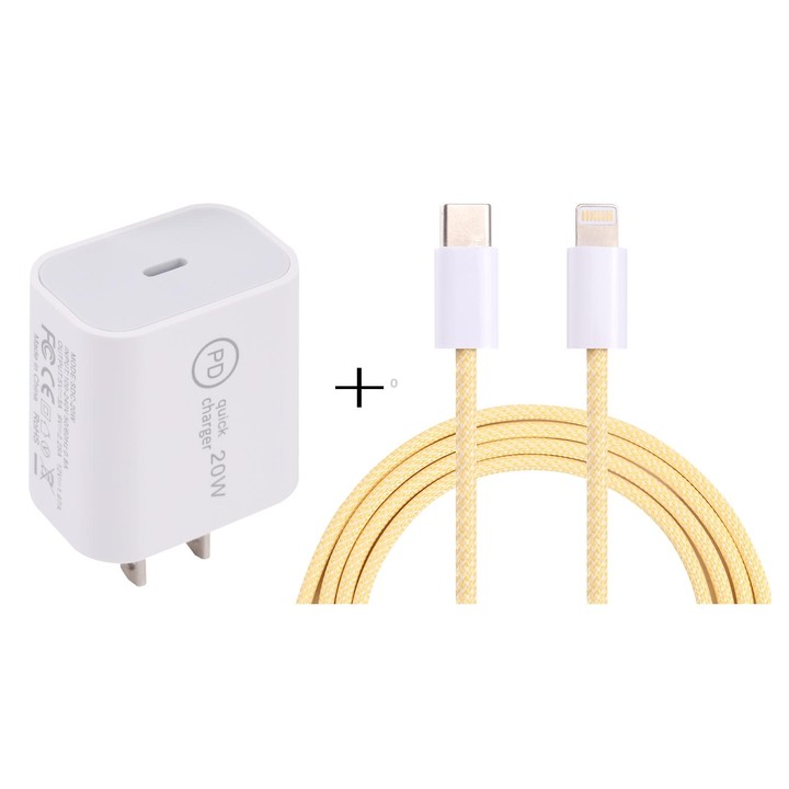 SDC-20W PD USB-C / Type-C Travel Charger + 1m 20W USB-C / Type-C to 8 Pin Data Cable Set, US Plug(Yellow)