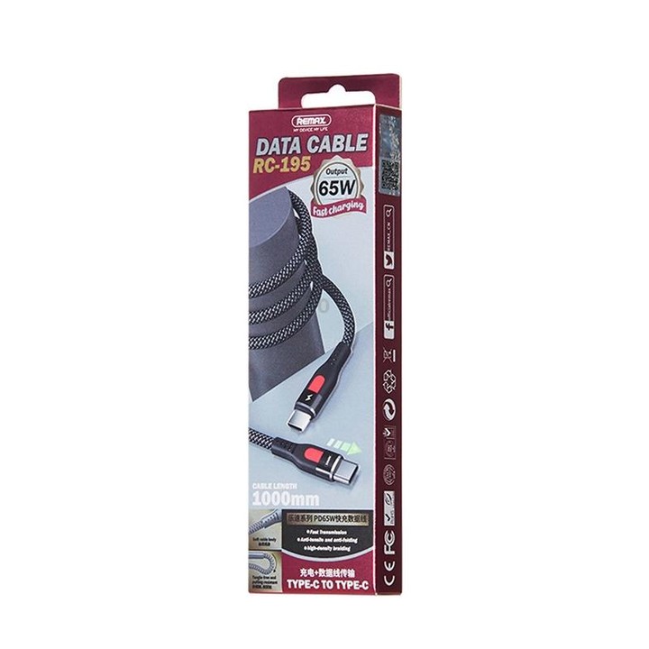 REMAX RC-195 Lesu Series PD 65W USB-C / Type-C to USB-C / Type-C Fast Charging Data Cable, Cable Length: 1m(Black)