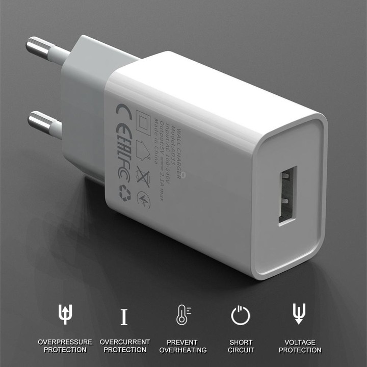 IVON AD-33 2 in 1 2.1A Single USB Port Travel Charger + 1m USB to Micro USB Data Cable Set, EU Plug(White)