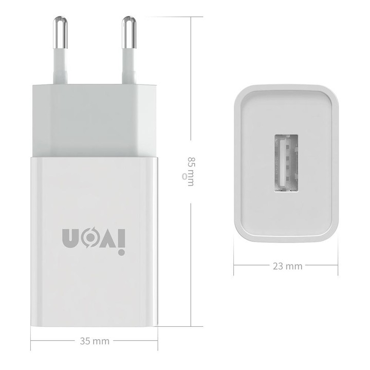 IVON AD-33 2 in 1 2.1A Single USB Port Travel Charger + 1m USB to Micro USB Data Cable Set, EU Plug(White)