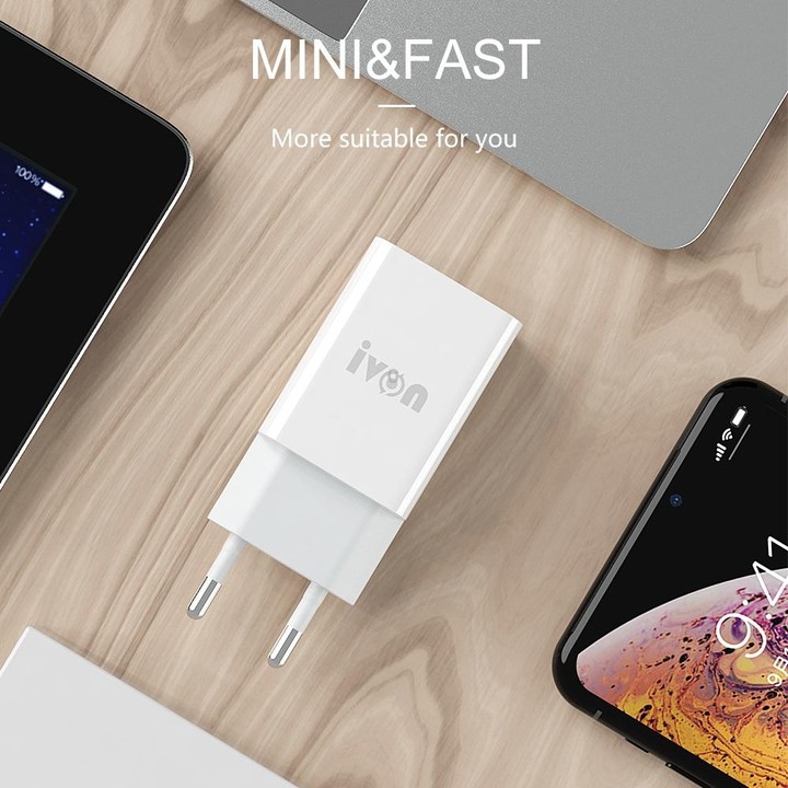 IVON AD-33 2 in 1 2.1A Single USB Port Travel Charger + 1m USB to Micro USB Data Cable Set, US Plug(White)