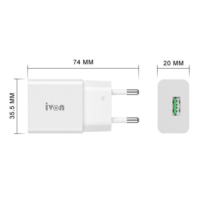 IVON AD-35 2 in 1 18W QC3.0 USB Port Travel Charger + 1m USB to Micro USB Data Cable Set, EU Plug(White)