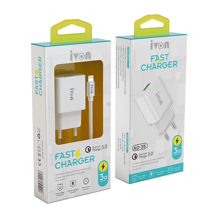IVON AD-35 2 in 1 18W QC3.0 USB Port Travel Charger + 1m USB to USB-C / Type-C Data Cable Set, EU Plug(White)