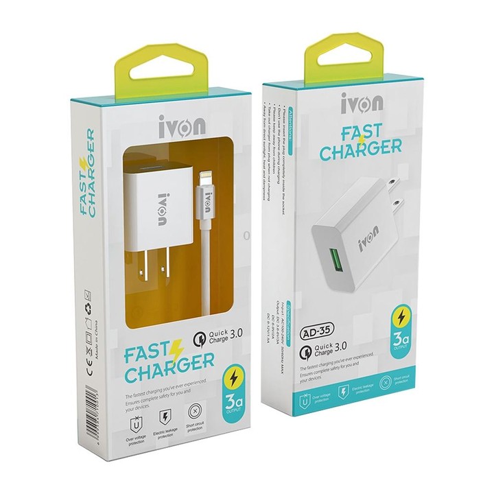 IVON AD-35 2 in 1 18W QC3.0 USB Port Travel Charger + 1m USB to USB-C / Type-C Data Cable Set, US Plug(White)