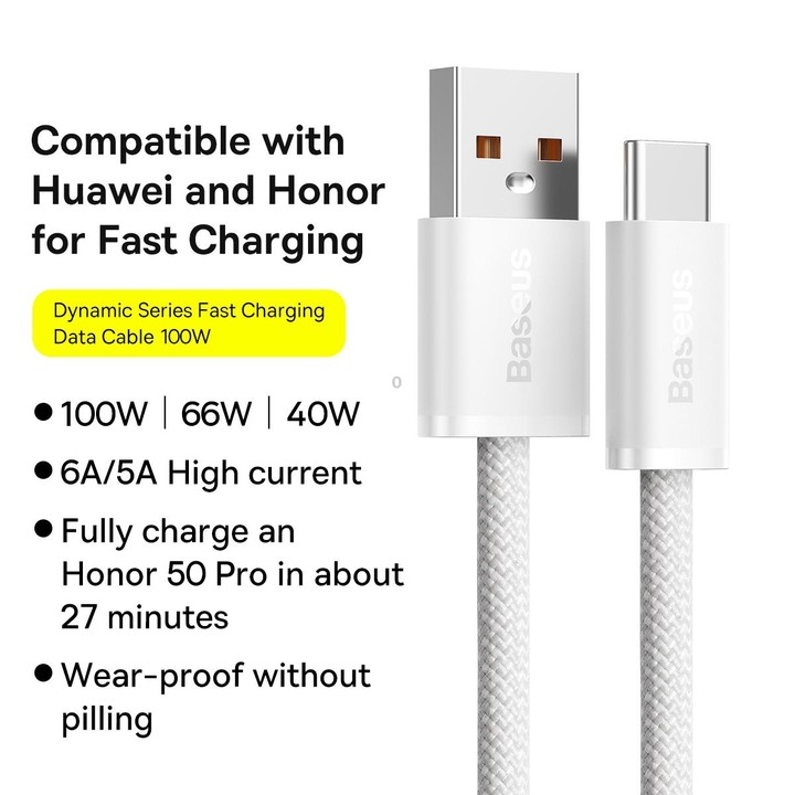 Baseus 100W USB to Type-C / USB-C Dynamic Series Fast Charging Data Cable, Length:1m(White)