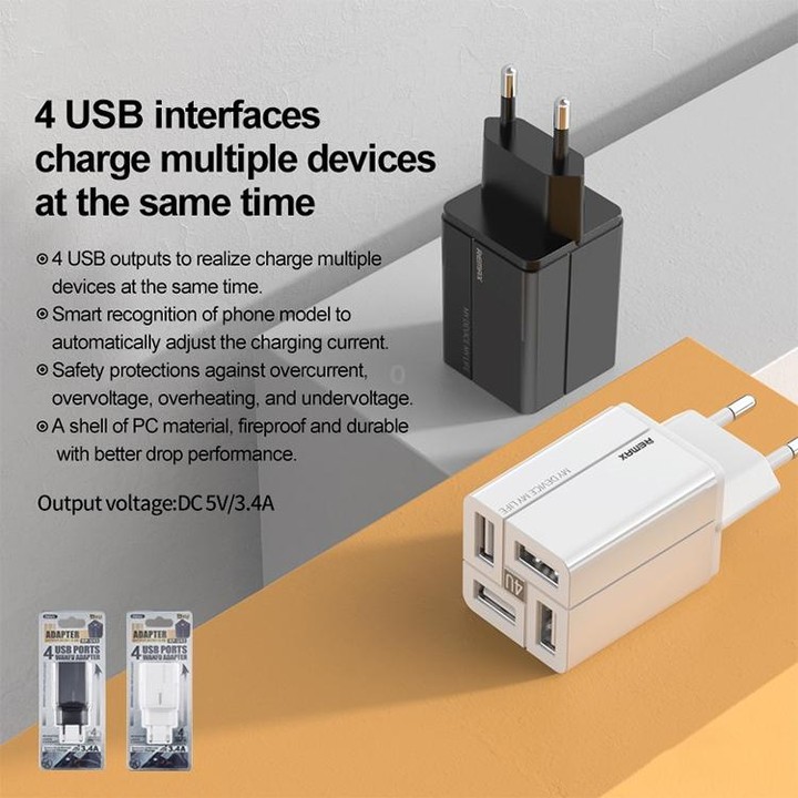 REMAX RP-U43 3.4A 4 USB Port Fast Charger, Specification:EU Plug(White)