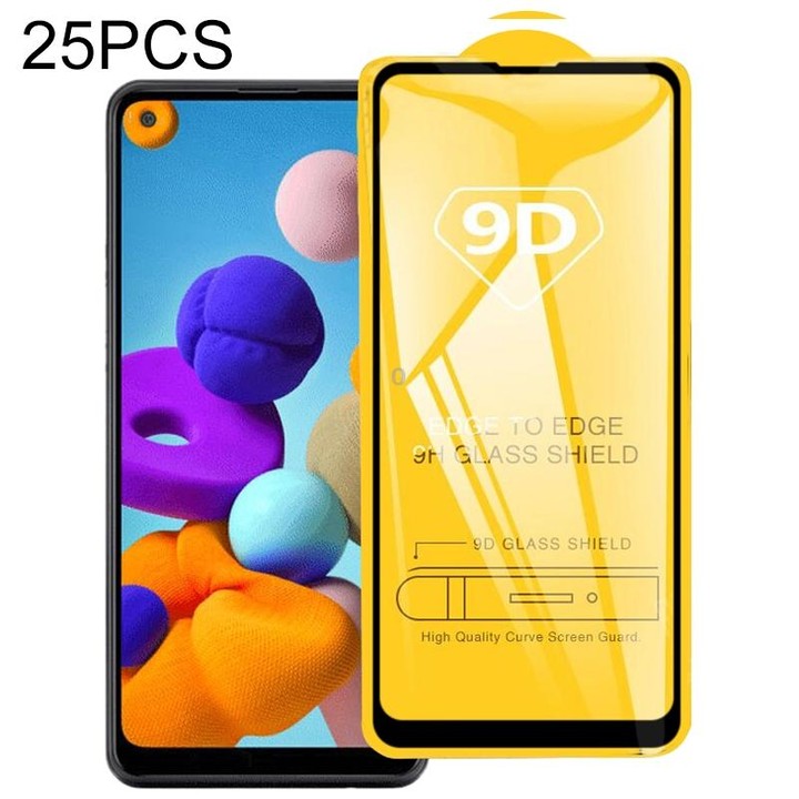 For Galaxy A21 25 PCS 9D Full Glue Full Screen Tempered Glass Film