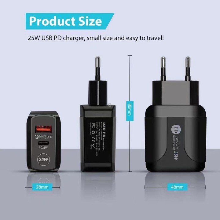 25W PD Type-C + QC3.0 USB Ports Travel Charger, Plug Type:US Plug(Black)