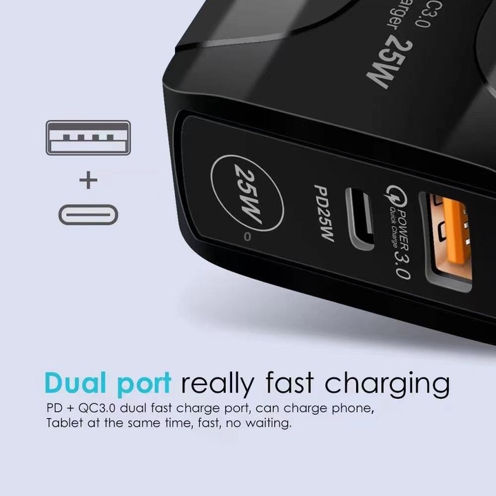 25W PD Type-C + QC3.0 USB Ports Travel Charger, Plug Type:EU Plug(Black)