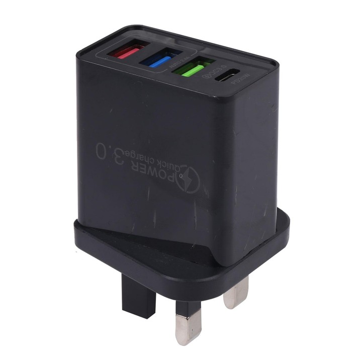 AR-2025 4 in 1 QC3.0 PD20W 3xUSB + USB-C / Type-C Wall Travel Charger, UK Plug(Black)