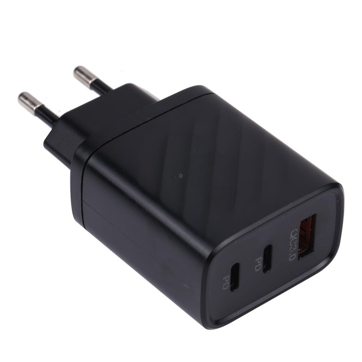 AR-892 3 in 1 QC3.0 PD20W USB + USB-C / Type-C Wall Travel Charger, Plug Type:EU Plug(Black)