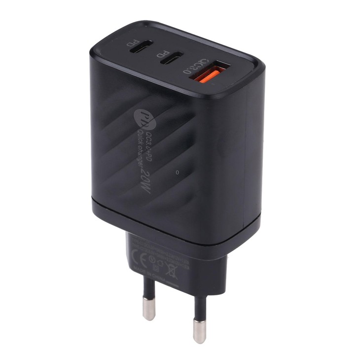 AR-892 3 in 1 QC3.0 PD20W USB + USB-C / Type-C Wall Travel Charger, Plug Type:EU Plug(Black)