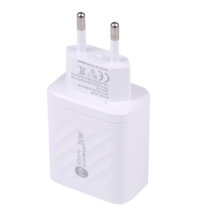 AR-892 3 in 1 QC3.0 PD20W USB + USB-C / Type-C Wall Travel Charger, Plug Type:EU Plug(White)