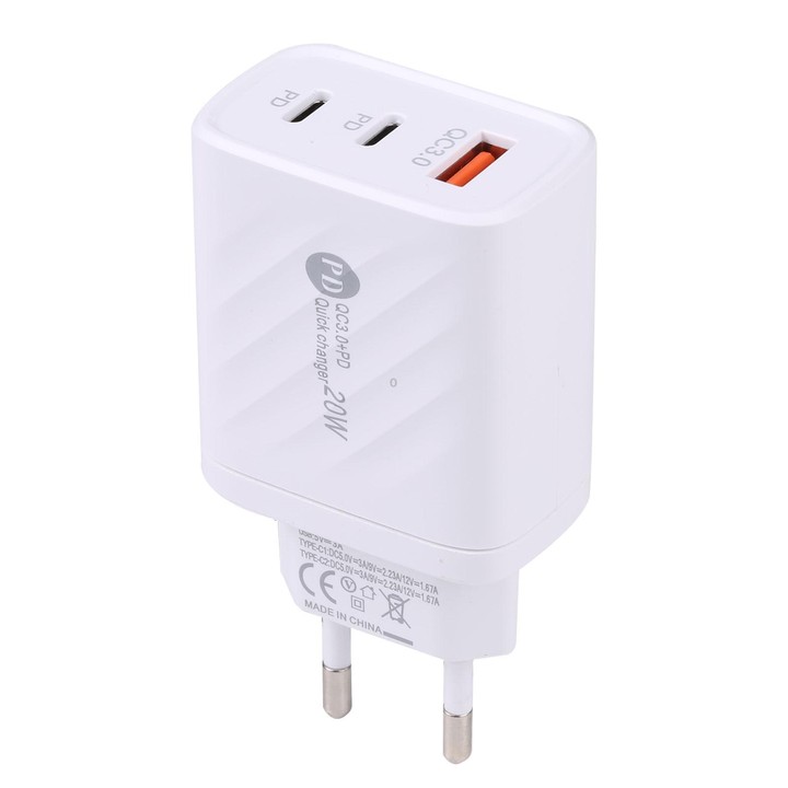 AR-892 3 in 1 QC3.0 PD20W USB + USB-C / Type-C Wall Travel Charger, Plug Type:EU Plug(White)