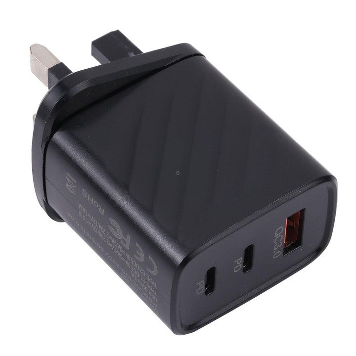 AR-892 3 in 1 QC3.0 PD20W USB + USB-C / Type-C Wall Travel Charger, Plug Type:UK Plug(Black)