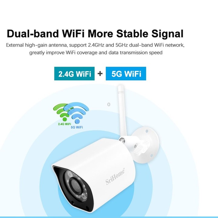SriHome SH034 5.0MP Mini Dual 2.4 / 5G WiFi Outdoor IP66 Waterproof Video Surveillance Color Night Vision Security CCTV Cam, Plu